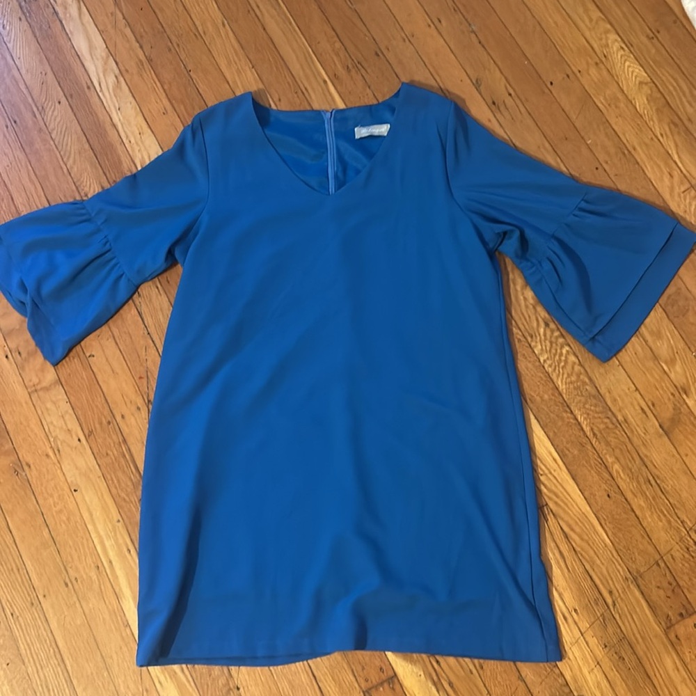Belongsci Brand Women’s Lined Blue Crepe Dress with Bell Sleeves size L